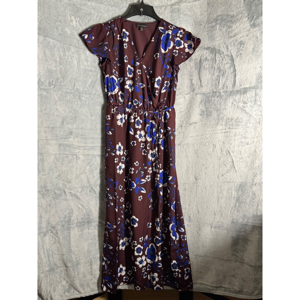 Banana Republic Floral Maxi Dress Burgundy Blue Flutter Sleeve Petite XS V-Neck